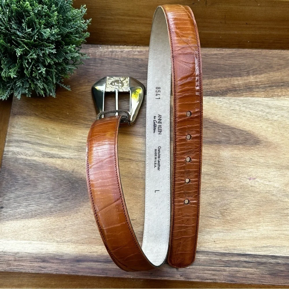 Anne Klein Vintage Logo Lions Head Gold Buckle Genuine Leather Belt | Size Large